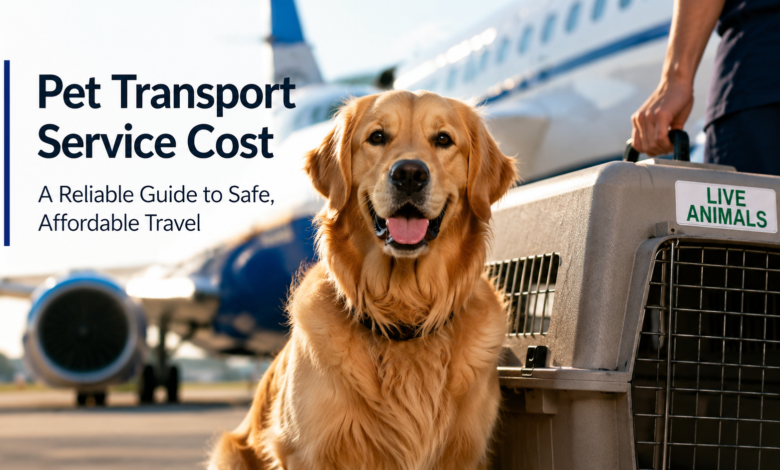 Pet transport service cost guide with Golden Retriever and pet carrier