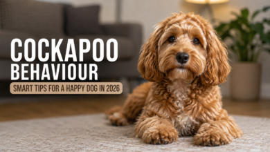 Cockapoo dog showing calm and happy behaviour