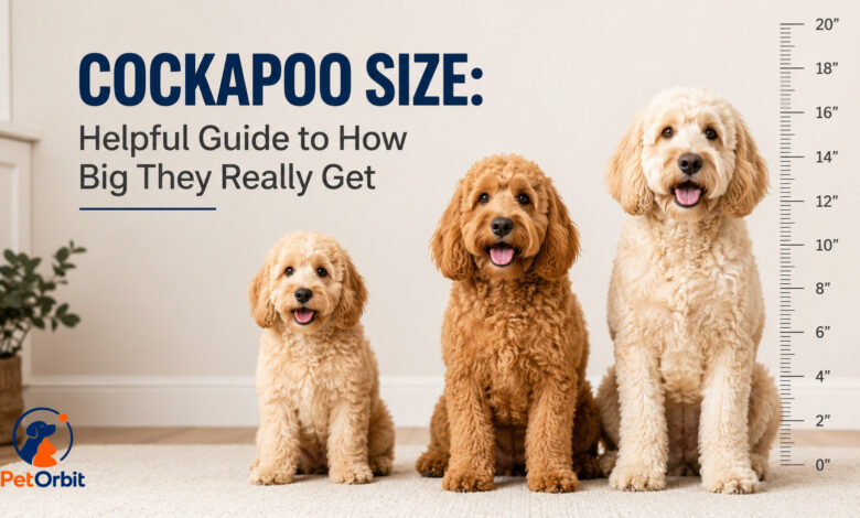 Cockapoo size comparison showing small, medium, and large Cockapoos