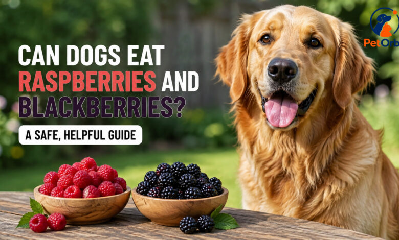 Can dogs eat raspberries and blackberries? Golden Retriever with fresh berries